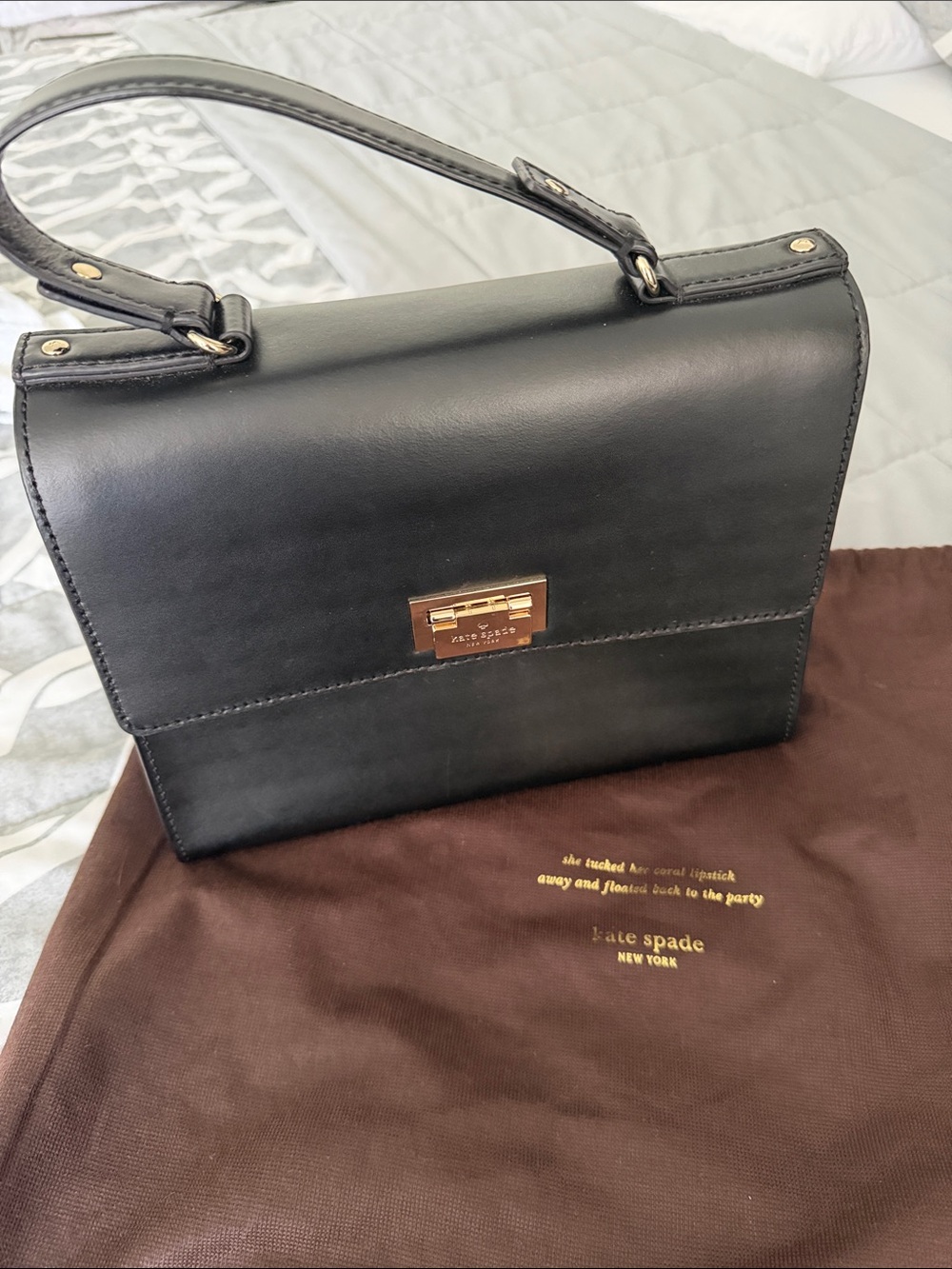 kate spade Black Leather Structured Top-Handle Satchel with Gold Hardware